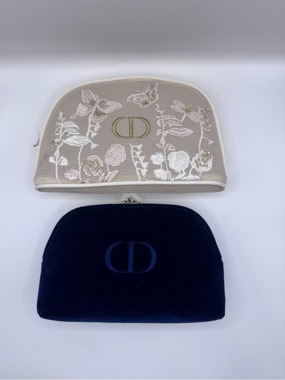 Dior Beige Embroidered Floral & Navy Blue Velvet Cosmetic Pouches